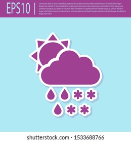 Retro purple Cloud with snow and rain icon isolated on turquoise background. Weather icon.  Vector Illustration