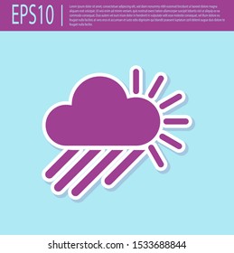 Retro purple Cloudy with rain and sun icon isolated on turquoise background. Rain cloud precipitation with rain drops.  Vector Illustration