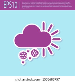 Retro purple Cloudy with snow icon isolated on turquoise background. Cloud with snowflakes. Single weather icon. Snowing sign.  Vector Illustration