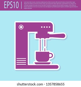 Retro purple Coffee machine and coffee cup icon isolated on turquoise background. Flat design. Vector Illustration