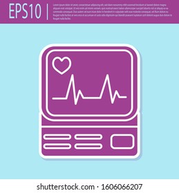 Retro purple Computer monitor with cardiogram icon isolated on turquoise background. Monitoring icon. ECG monitor with heart beat hand drawn.  Vector Illustration