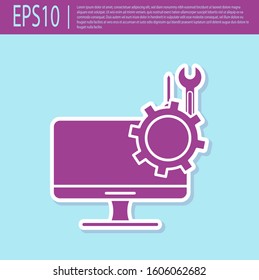 Retro purple Computer monitor with screwdriver and wrench icon isolated on turquoise background. Adjusting, service, setting, maintenance, repair.  Vector Illustration