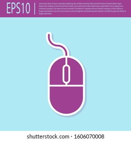 Retro purple Computer mouse icon isolated on turquoise background. Optical with wheel symbol.  Vector Illustration