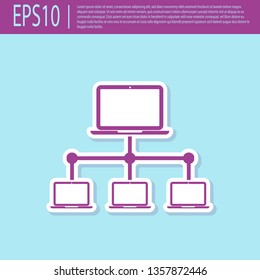 Retro purple Computer network icon isolated on turquoise background. Laptop network. Internet connection. Flat design. Vector Illustration