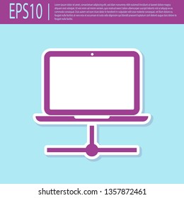 Retro purple Computer network icon isolated on turquoise background. Laptop network. Internet connection. Flat design. Vector Illustration