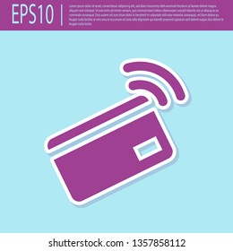Retro purple Contactless payment with nfc card icon isolated on turquoise background. Card with radio wave sign. Credit card payment. Flat design. Vector Illustration