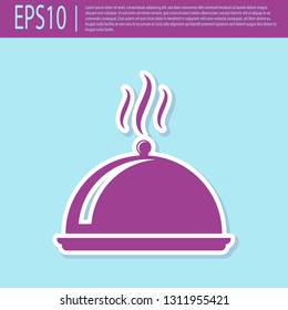 Retro purple Covered with a tray of food icon isolated on turquoise background. Tray and lid sign. Restaurant cloche with lid. kitchenware symbol. Flat design. Vector Illustration