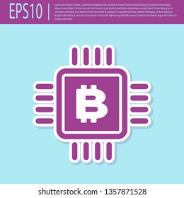 Retro purple CPU mining farm icon isolated on turquoise background. Bitcoin sign inside microchip. Cryptocurrency mining community. Digital money. Flat design. Vector Illustration