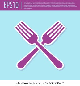 Retro purple Crossed fork icon isolated on turquoise background. Cutlery symbol.  Vector Illustration