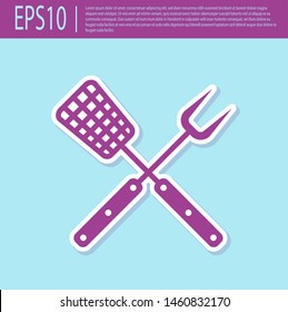 Retro purple Crossed fork and spatula icon isolated on turquoise background. BBQ fork and spatula sign. Barbecue and grill tools. Vector Illustration