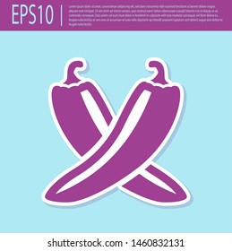Retro purple Crossed hot chili pepper pod icon isolated on turquoise background. Design for grocery, culinary products, seasoning and spice package. Vector Illustration