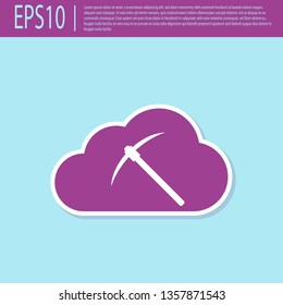 Retro purple Cryptocurrency cloud mining icon isolated on turquoise background. Cloud with pickaxe, bitcoin, altcoins, digital money market, cryptocoin wallet. Flat design. Vector Illustration