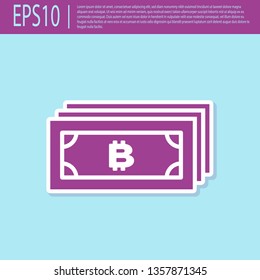 Retro purple Cryptocurrency concept bitcoin in circle with microchip circuit icon isolated on turquoise background. Blockchain technology, digital money market. Flat design. Vector Illustration