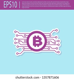 Retro purple Cryptocurrency concept bitcoin in circle with microchip circuit icon isolated on turquoise background. Blockchain technology, digital money market. Flat design. Vector Illustration