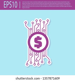 Retro purple Cryptocurrency concept bitcoin in circle with microchip circuit icon isolated on turquoise background. Blockchain technology, digital money market. Flat design. Vector Illustration