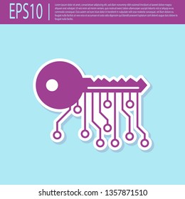 Retro purple Cryptocurrency key icon isolated on turquoise background. Concept of cyber security or private key, digital key with technology interface. Flat design. Vector Illustration