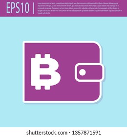 Retro purple Cryptocurrency wallet icon isolated on turquoise background. Wallet and bitcoin sign. Mining concept. Money, payment, cash, pay icon. Flat design. Vector Illustration