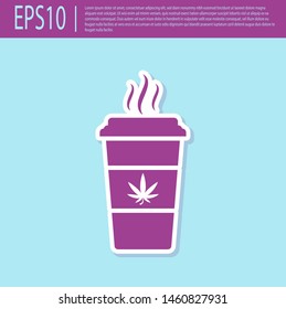 Retro purple Cup coffee with marijuana or cannabis leaf icon isolated on turquoise background. Marijuana legalization. Hemp symbol.  Vector Illustration
