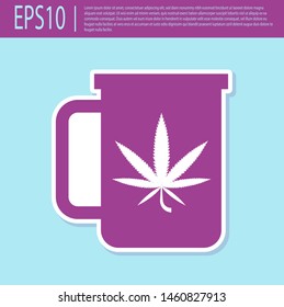 Retro purple Cup tea with marijuana or cannabis leaf icon isolated on turquoise background. Marijuana legalization. Hemp symbol.  Vector Illustration