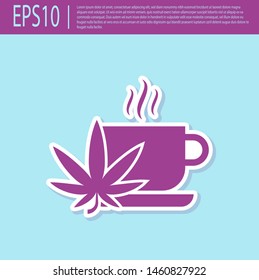 Retro purple Cup tea with marijuana or cannabis leaf icon isolated on turquoise background. Marijuana legalization. Hemp symbol.  Vector Illustration
