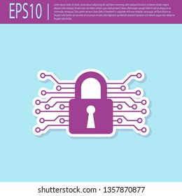 Retro purple Cyber security icon isolated on turquoise background. Closed padlock on digital circuit board. Safety concept. Digital data protection. Vector Illustration