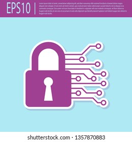 Retro purple Cyber security icon isolated on turquoise background. Closed padlock on digital circuit board. Safety concept. Digital data protection. Vector Illustration