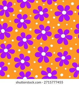 Retro Purple Daisies Seamless Pattern on Orange