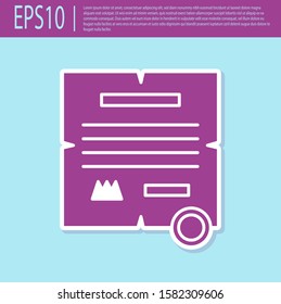 Retro purple Decree, paper, parchment, scroll icon icon isolated on turquoise background.  Vector Illustration
