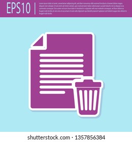 Retro purple Delete file document icon isolated on turquoise background. Paper sheet with recycle bin sign. Rejected document icon. Cross on paper. Flat design. Vector Illustration