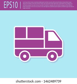 Retro purple Delivery truck with cardboard boxes behind icon isolated on turquoise background.  Vector Illustration