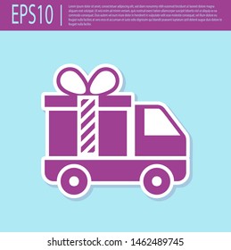 Retro purple Delivery truck with gift icon isolated on turquoise background.  Vector Illustration