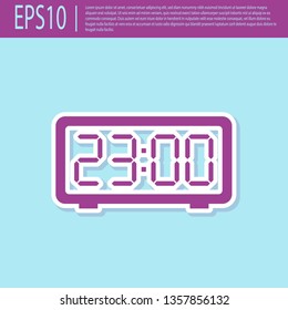 Retro purple Digital alarm clock icon isolated on turquoise background. Electronic watch alarm clock. Time icon. Flat design. Vector Illustration