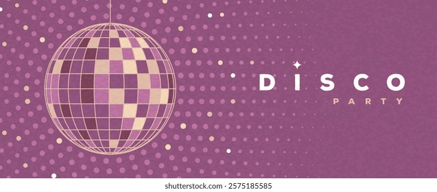 Retro purple disco party background with disco ball. Night club vintage poster. Disco of 80s. Flat design. Vector illustration.