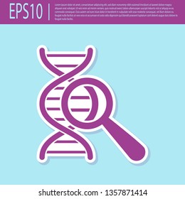 Retro purple DNA research, search icon isolated on turquoise background. Magnifying glass and dna chain. Genetic engineering, cloning, paternity testing. Vector Illustration