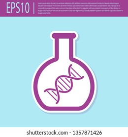 Retro purple DNA research, search icon isolated on turquoise background. Genetic engineering, genetics testing, cloning, paternity testing. Vector Illustration