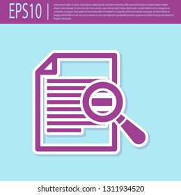 Retro purple Document with search icon isolated on turquoise background. File and magnifying glass icon. Analytics research sign. Flat design. Vector Illustration