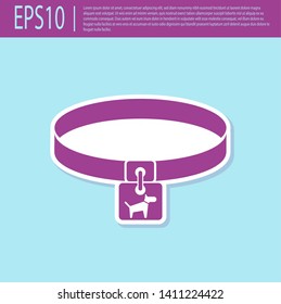 Retro purple Dog collar with name tag icon isolated on turquoise background. Simple supplies for domestic animal. Cat and dog care. Pet dog chains. Vector Illustration