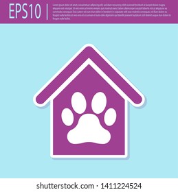 Retro purple Dog house and paw print pet icon isolated on turquoise background. Dog kennel. Vector Illustration