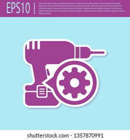 Retro purple Drill machine and gear icon isolated on turquoise background. Adjusting app, service concept, setting options, maintenance, repair, fixing. Vector Illustration