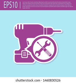 Retro purple Drill machine with screwdriver and wrench icon isolated on turquoise background. Adjusting, service, setting, maintenance, repair, fixing.  Vector Illustration