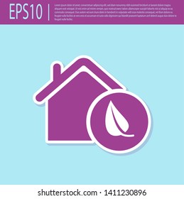 Retro purple Eco friendly house icon isolated on turquoise background. Eco house with leaf. Vector Illustration