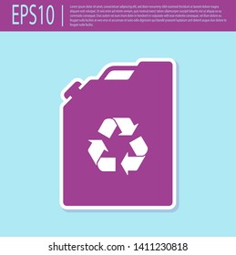 Retro purple Eco fuel canister icon isolated on turquoise background. Eco bio and barrel. Green environment and recycle. Vector Illustration