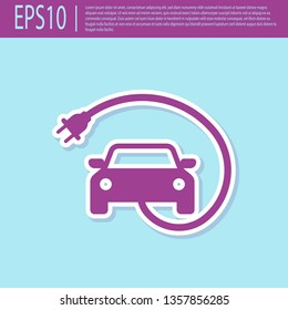 Retro purple Electric car and electrical cable plug charging icon isolated on turquoise background. Renewable eco technologies. Flat design. Vector Illustration