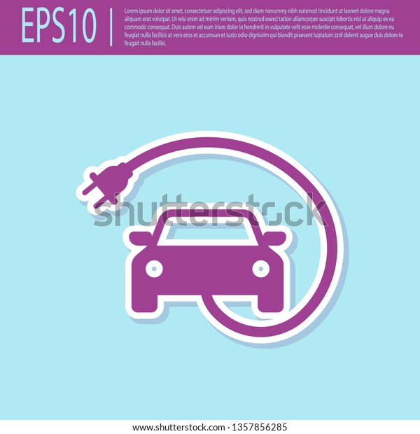 Retro purple Electric car and\
electrical cable plug charging icon isolated on turquoise\
background. Renewable eco technologies. Flat design. Vector\
Illustration