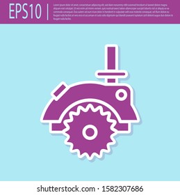 Retro purple Electric circular saw with steel toothed disc icon isolated on turquoise background. Electric hand tool for cutting wood or metal.  Vector Illustration