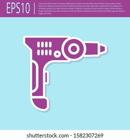 Retro purple Electric drill machine icon isolated on turquoise background. Repair tool.  Vector Illustration