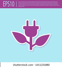 Retro purple Electric saving plug in leaf icon isolated on turquoise background. Save energy electricity icon. Environmental protection icon. Bio energy. Vector Illustration