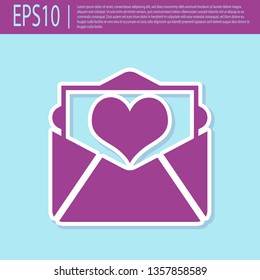 Retro purple Envelope with Valentine heart icon isolated on turquoise background. Letter love and romance. Flat design. Vector Illustration