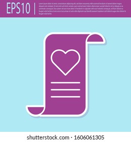 Retro purple Envelope with Valentine heart icon isolated on turquoise background. Message love. Letter love and romance.  Vector Illustration