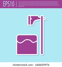Retro purple Executioner axe in tree block icon isolated on turquoise background. Hangman, torturer, executor, tormentor, butcher, headsman.  Vector Illustration